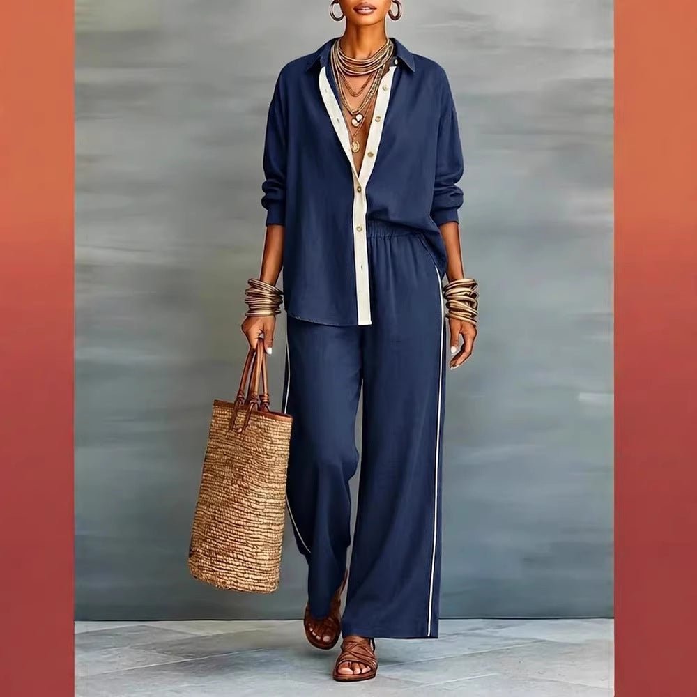 Contrast-color long-sleeve shirt and pants set by FitiqueFit, casual two-piece outfit with stylish color blocking.