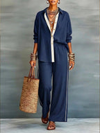 Contrast-color long-sleeve shirt and pants set by FitiqueFit, casualwear two-piece outfit with stylish color blocks.