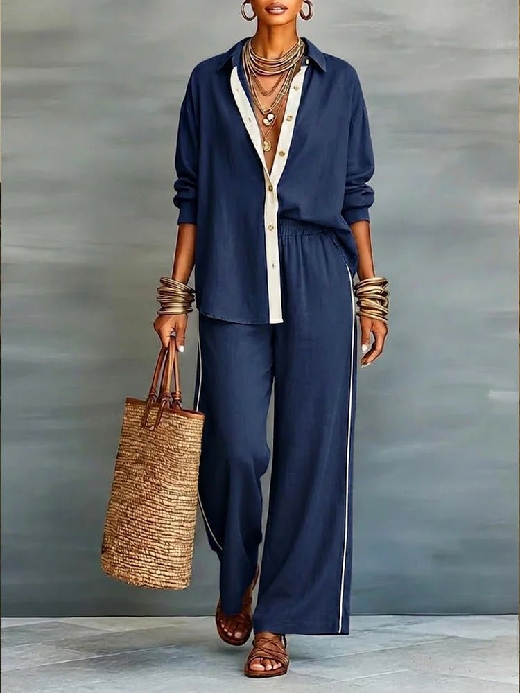 Contrast-color long-sleeve shirt and pants set by FitiqueFit, casualwear two-piece outfit with stylish color blocks.