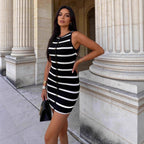 Contrast stripe knit sleeveless midi dress by FitiqueFit, available in 5 colors, featuring casual knit fabric and a stylish midi length.