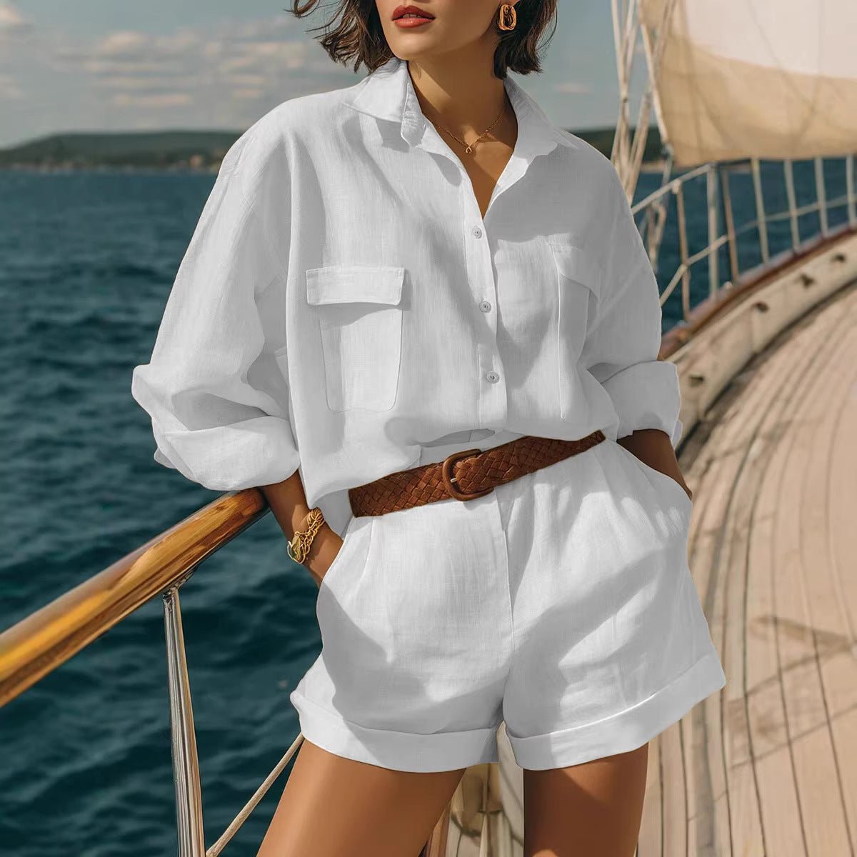 Cotton-linen loose-fit button-down shirt and matching shorts casual set by FitiqueFit, styled for relaxed comfort.