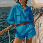 FitiqueFit cotton-linen loose-fit button-down shirt and matching casual shorts set, ideal for relaxed summer wear