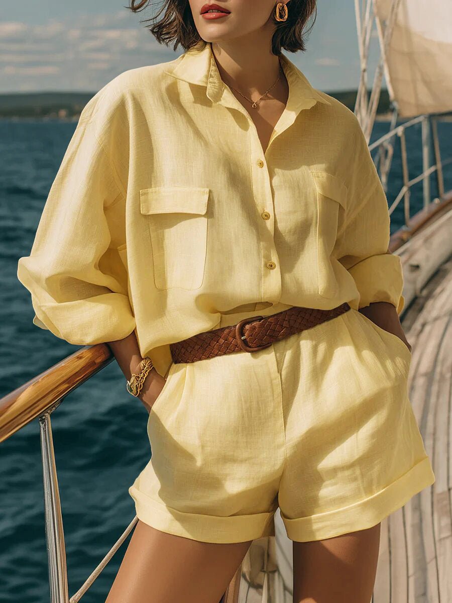 Cotton-linen loose-fit button-down shirt and matching shorts casual set by FitiqueFit, perfect for relaxed summer style.