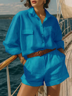 Cotton-linen loose-fit button-down shirt and shorts casual set by FitiqueFit, perfect for relaxed, warm-weather wear.