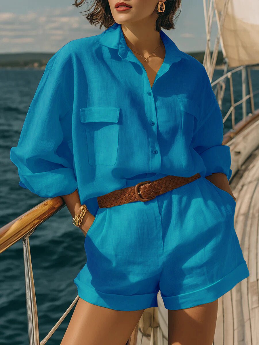 Cotton-linen loose-fit button-down shirt and shorts casual set by FitiqueFit, perfect for relaxed, warm-weather wear.
