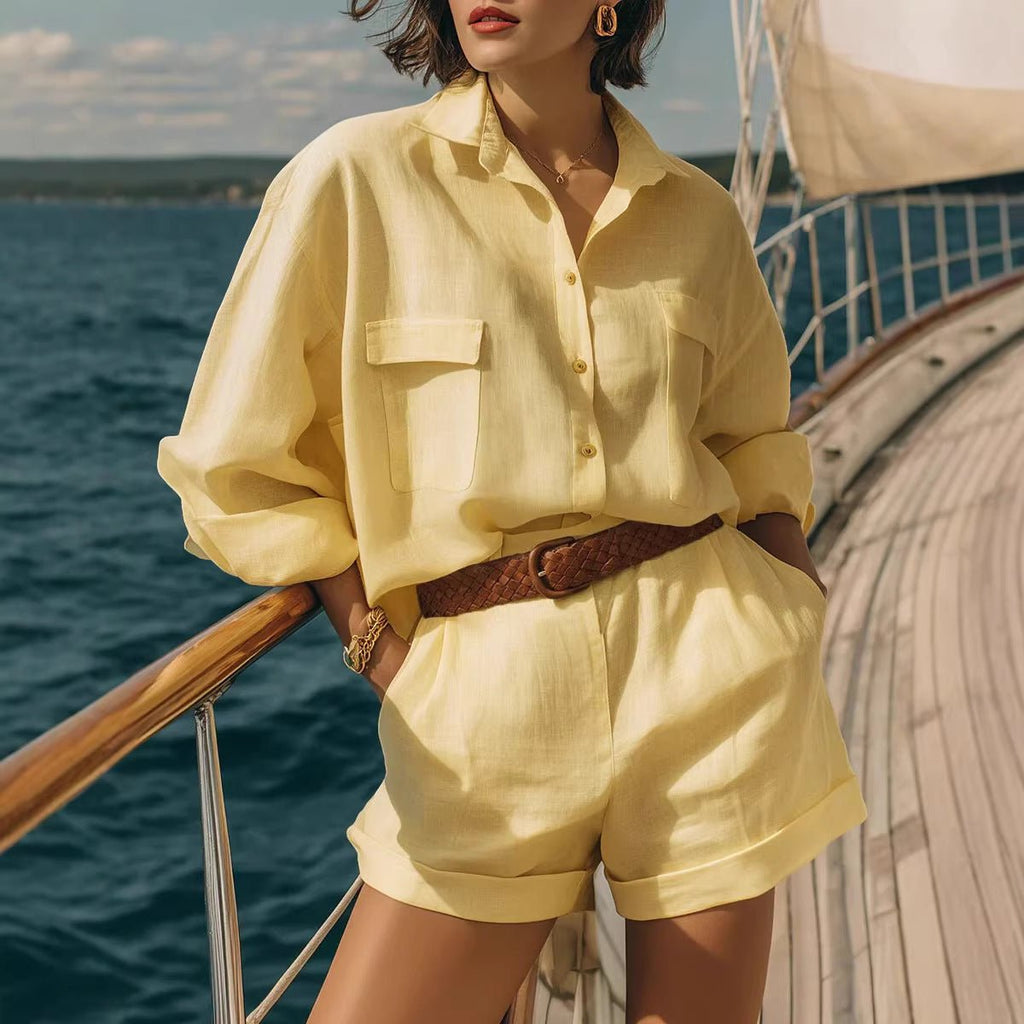 FitiqueFit cotton-linen loose-fit button-down shirt and matching casual shorts set, ideal for relaxed, comfortable summer wear.