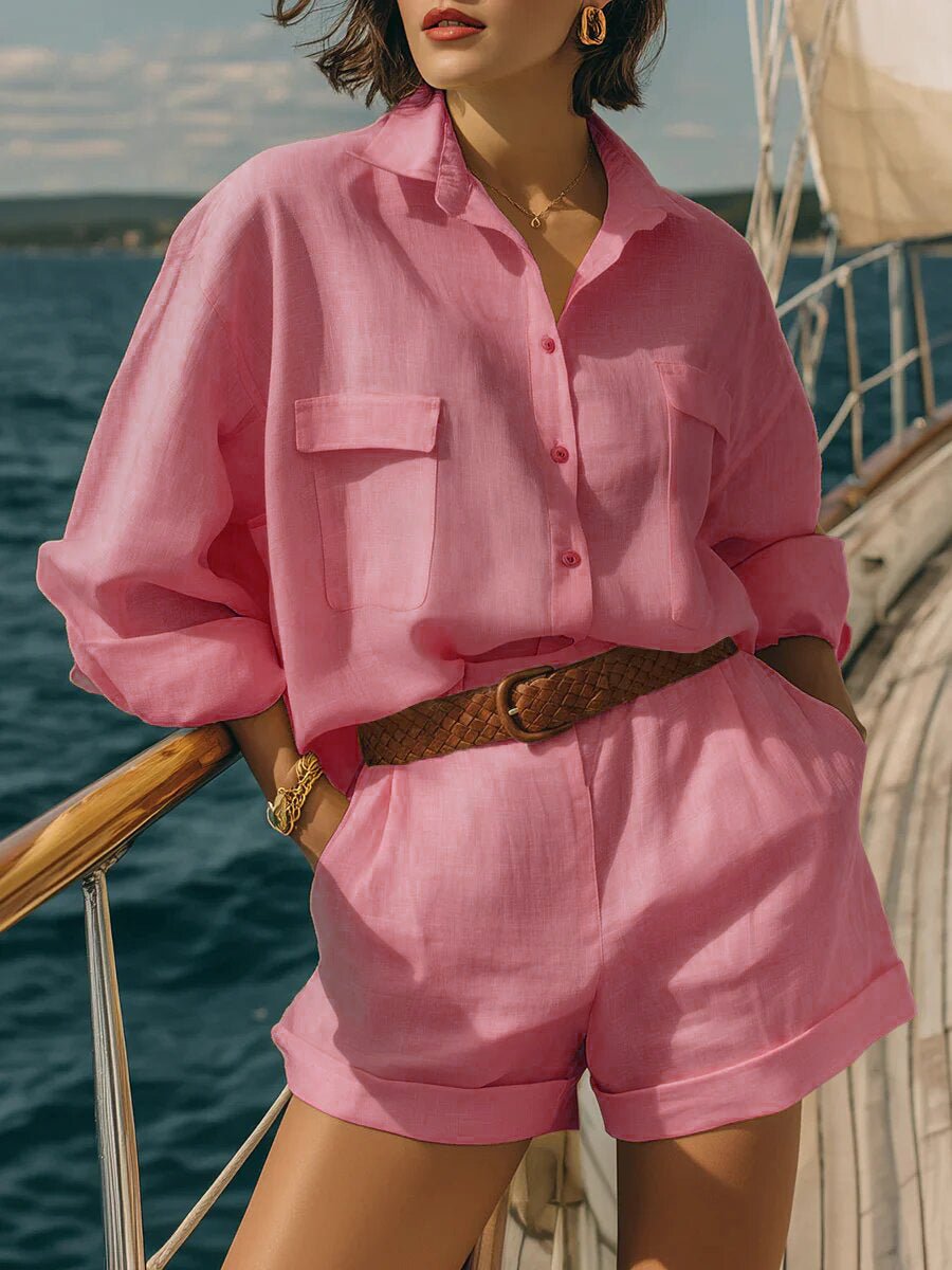 FitiqueFit cotton-linen loose-fit button-down shirt and matching shorts casual set, perfect for relaxed summer wear.