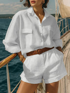 Cotton-linen loose-fit button-down shirt and shorts casual set by FitiqueFit, ideal for relaxed summer wear.