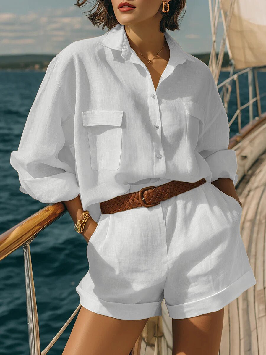 Cotton-linen loose-fit button-down shirt and shorts casual set by FitiqueFit, ideal for relaxed summer wear.