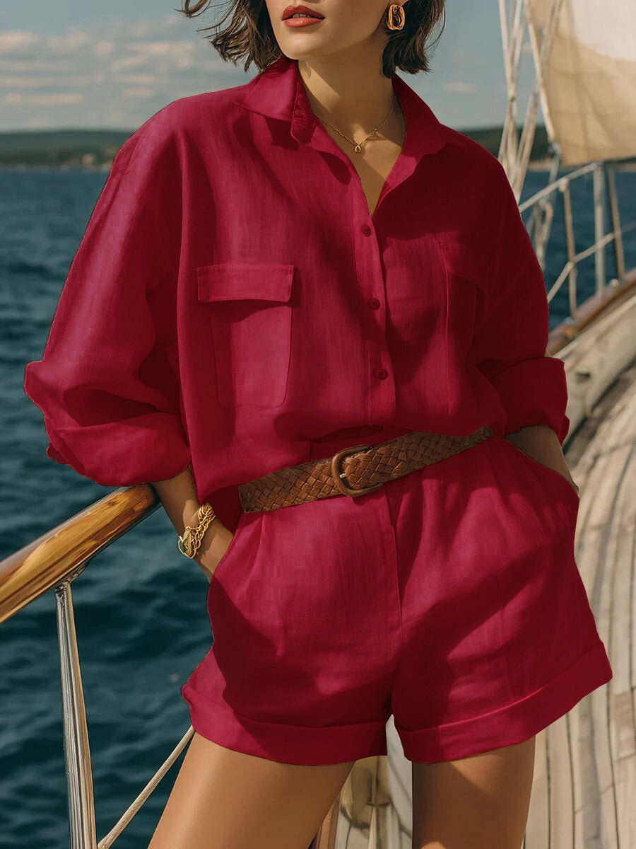 Cotton-linen loose-fit button-down shirt and matching casual shorts set by FitiqueFit, perfect for relaxed summer wear.