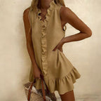 FitiqueFit cotton-linen sleeveless mini dress with ruffle hem, available in 6 colors and sizes S to 2XL, casualwear style.