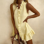FitiqueFit cotton-linen sleeveless mini dress with ruffle hem in 6 colors, available in sizes S to 2XL, casual summer wear.