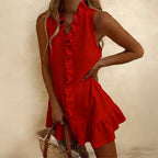 Cotton-linen sleeveless mini dress with ruffle hem by FitiqueFit in six colors, available in sizes S to 2XL.