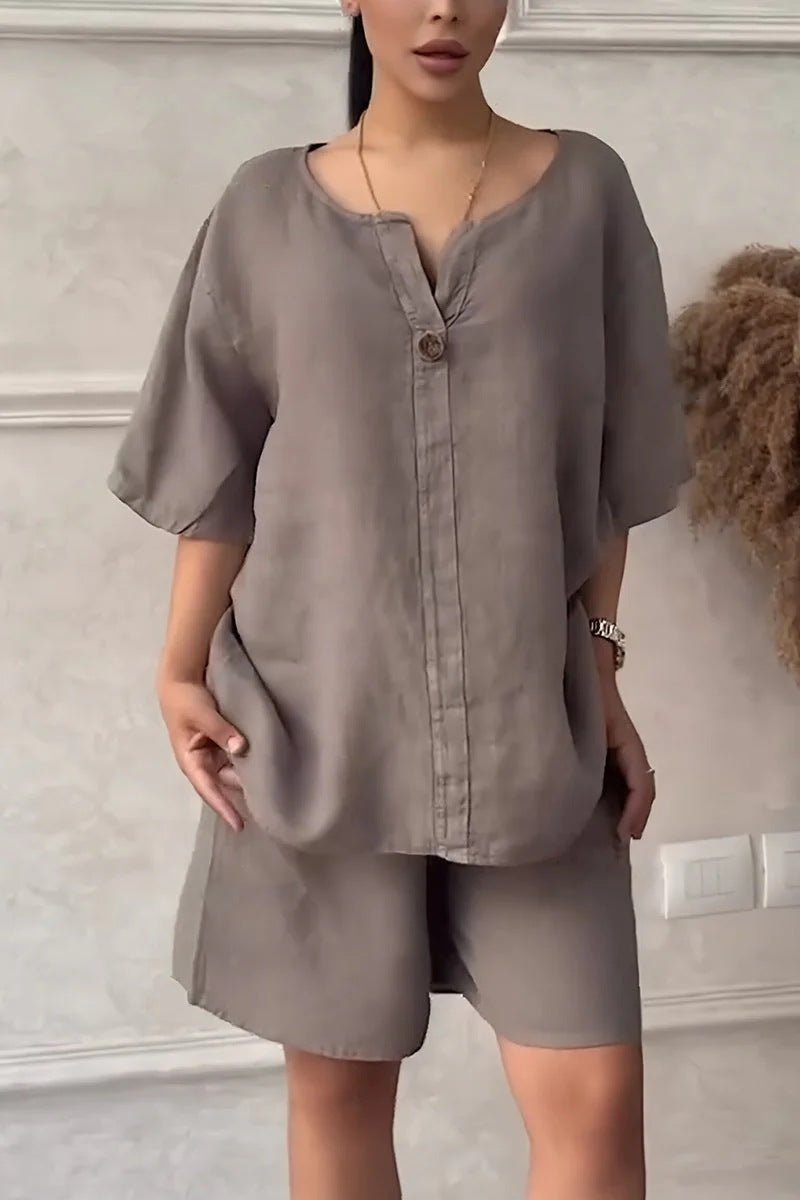 Cotton-linen shirt set with high-waisted loose shorts for women, casual tops from LadyShow.Store, featuring a relaxed fit and breathable fabric.