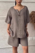 Cotton-linen shirt set with high-waisted loose shorts for women, casual tops from LadyShow.Store, featuring a relaxed fit and breathable fabric.