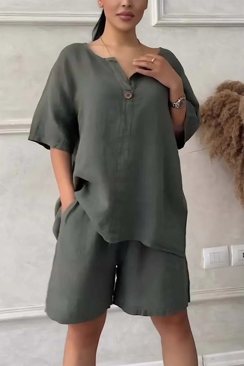 Cotton-linen shirt set with high-waisted loose shorts for women, stylish tops by LadyShow.Store, perfect for casual wear.