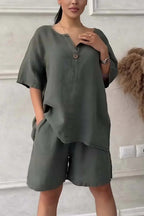 Cotton-linen shirt set with high-waisted loose shorts for women, stylish tops by LadyShow.Store, perfect for casual wear.