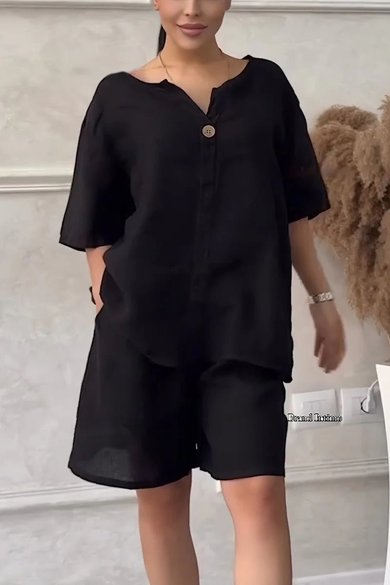 LadyShow.Store women's cotton-linen shirt set with high-waisted loose shorts, featuring a relaxed fit and breathable fabric.