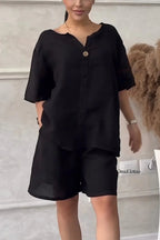 LadyShow.Store women's cotton-linen shirt set with high-waisted loose shorts, featuring a relaxed fit and breathable fabric.