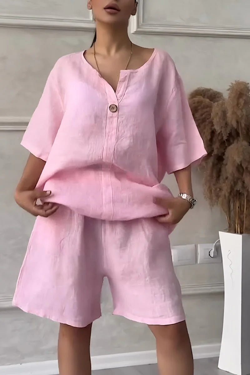 Cotton-linen shirt set with high-waisted loose shorts for women, featuring a relaxed fit and casual style, by LadyShow.Store.