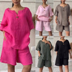 Cotton-linen shirt set with high-waisted loose shorts for women, featuring a relaxed fit and casual style by LadyShow.Store.