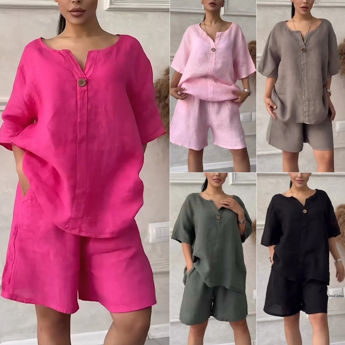 Cotton-linen shirt set with high-waisted loose shorts for women, featuring a relaxed fit and casual style by LadyShow.Store.
