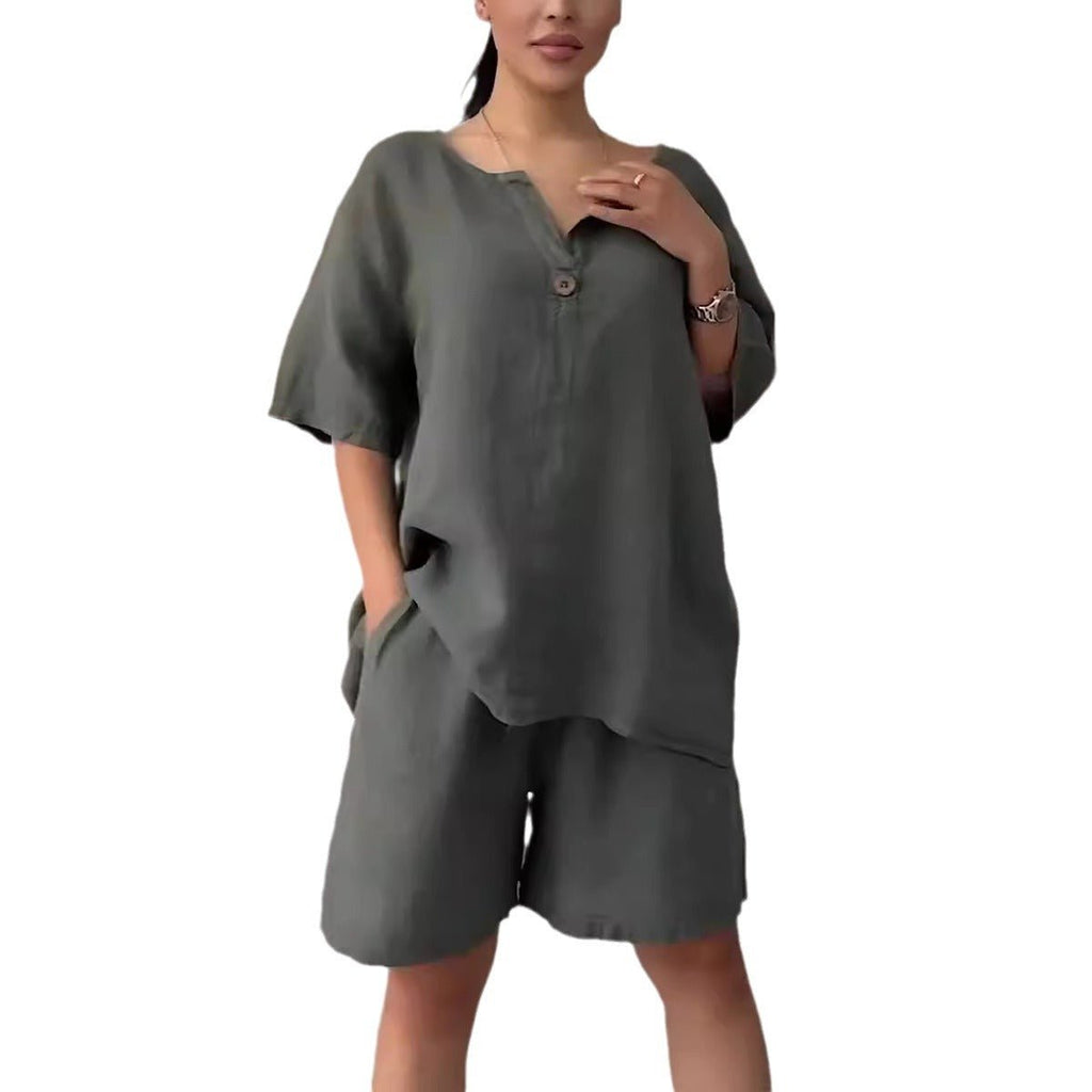 LadyShow.Store cotton-linen shirt set with high-waisted loose shorts for women, featuring a relaxed fit and breathable fabric.