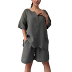 LadyShow.Store cotton-linen shirt set with high-waisted loose shorts for women, featuring a relaxed fit and breathable fabric.