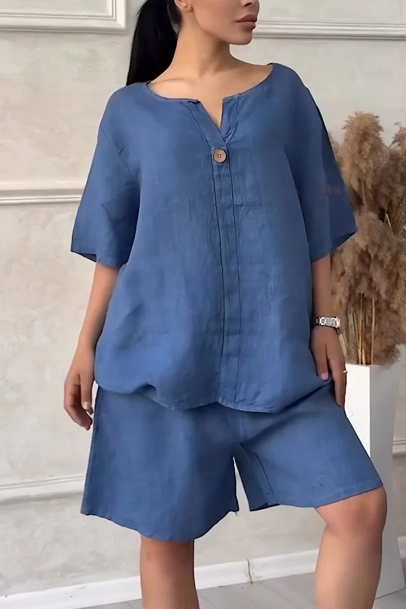 Cotton-linen shirt set with high-waisted loose shorts for women, featuring a relaxed fit and casual style from LadyShow.Store.