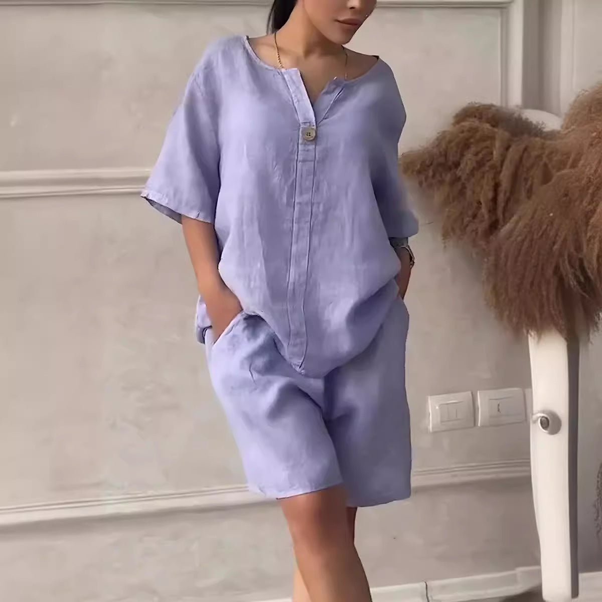 Cotton-linen shirt set with high-waisted loose shorts for women, featuring a relaxed fit and breathable fabric by LadyShow.Store