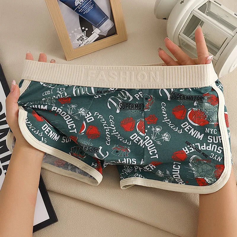 Cotton print men's boxer shorts from FitiqueFit featuring colorful casualwear design and comfortable fit.