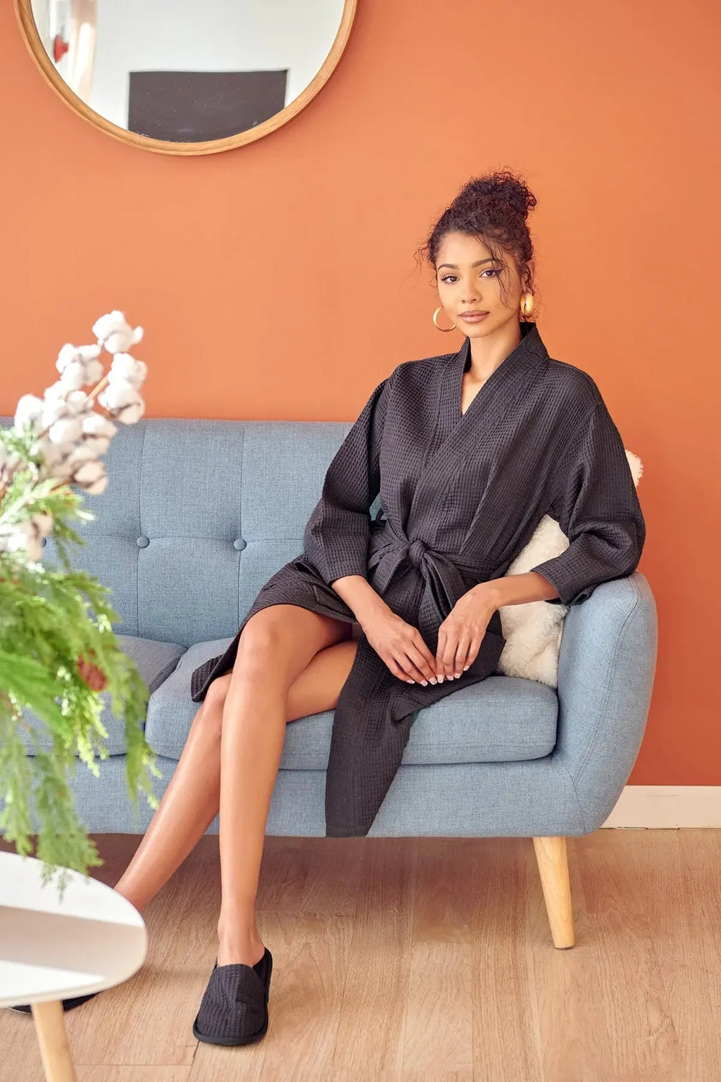 Knee-length Lotus Linen waffle cotton bathrobe for women, showcasing soft, textured fabric and relaxed fit.
