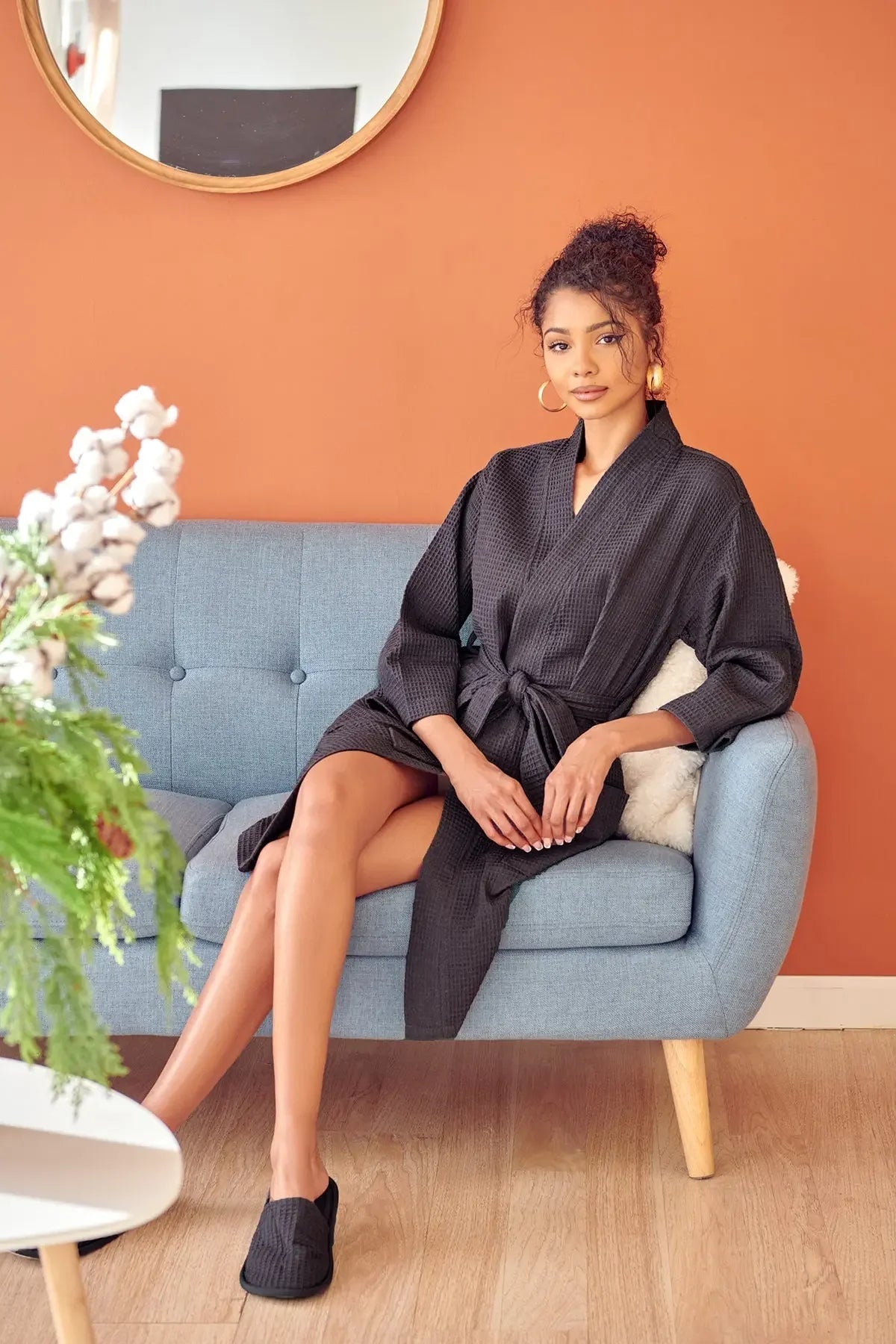 Knee-length Lotus Linen waffle cotton bathrobe for women, showcasing soft, textured fabric and relaxed fit.
