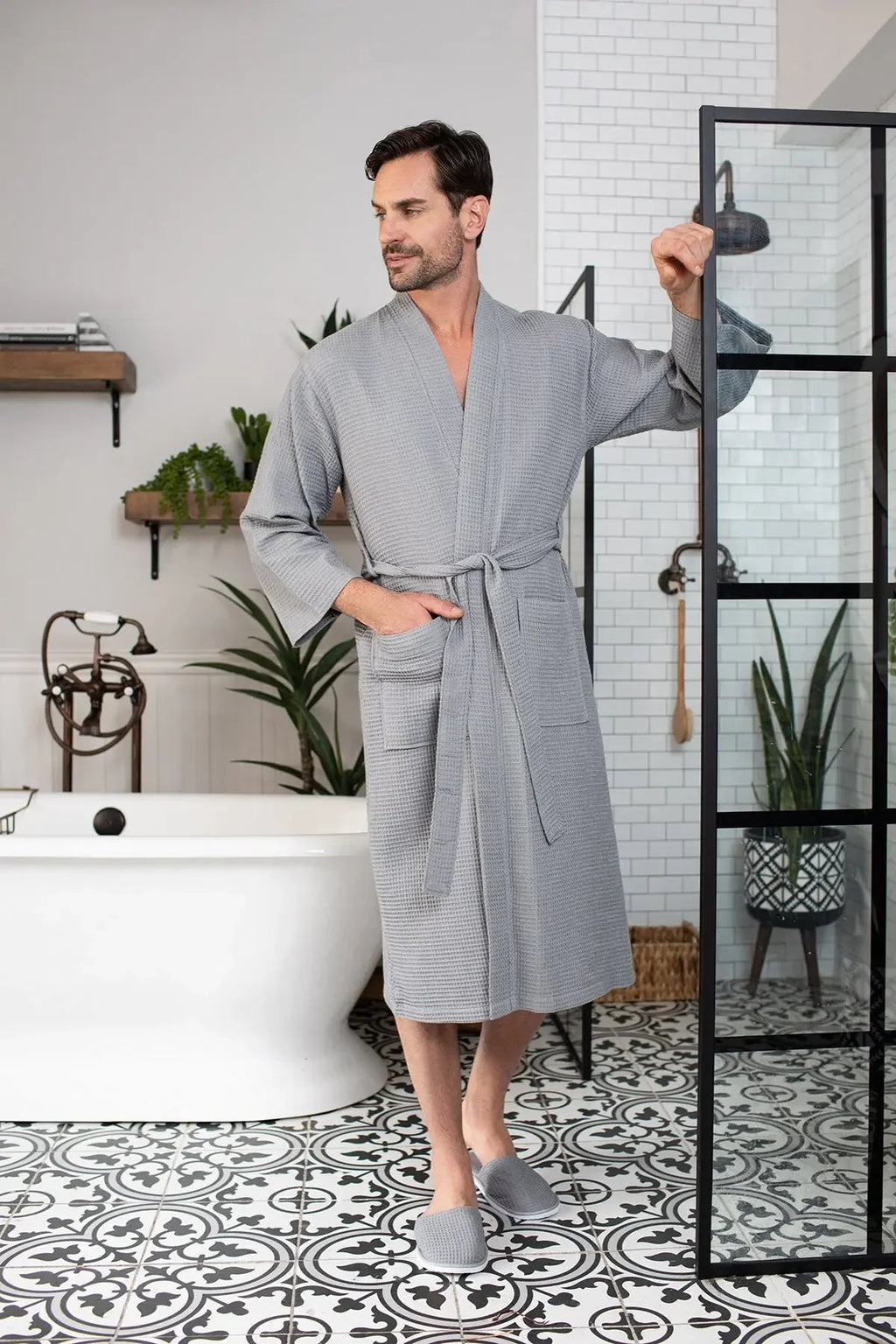 Lotus Linen men's waffle spa bathrobe made of absorbent, lightweight cotton, featuring a comfortable fit and textured fabric.