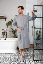 Lotus Linen men's waffle spa bathrobe made of absorbent, lightweight cotton, featuring a comfortable fit and textured fabric.