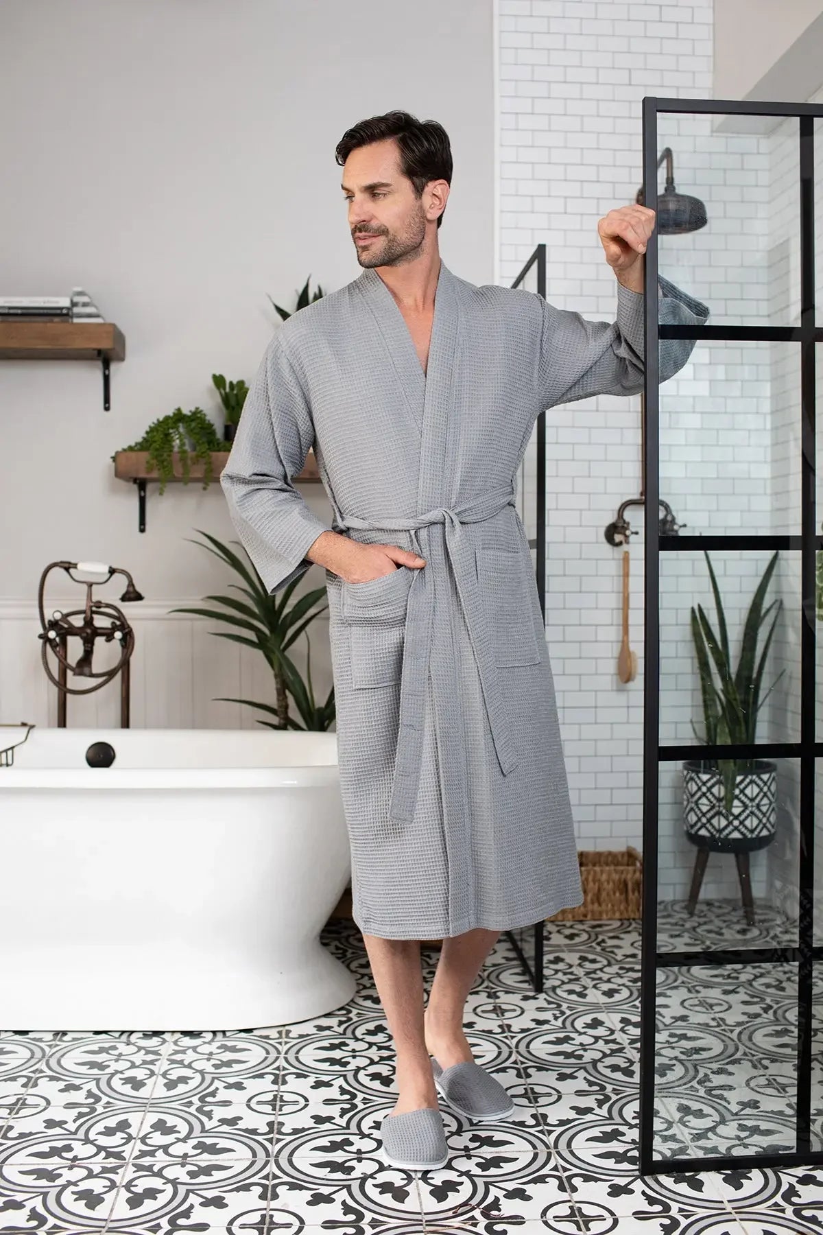 Lotus Linen men's waffle spa bathrobe made of absorbent, lightweight cotton, featuring a comfortable fit and textured fabric.