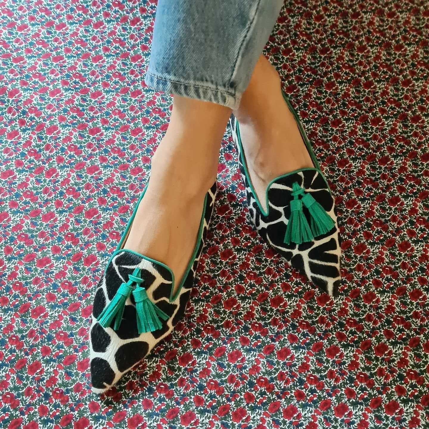 Cow print tassel pumps for women by FitiqueFit, casual slip-on footwear with stylish tassel details and comfortable design.