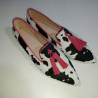 Cow print tassel pumps for women by FitiqueFit, casual slip-on footwear with stylish cow-print design and tassel details.