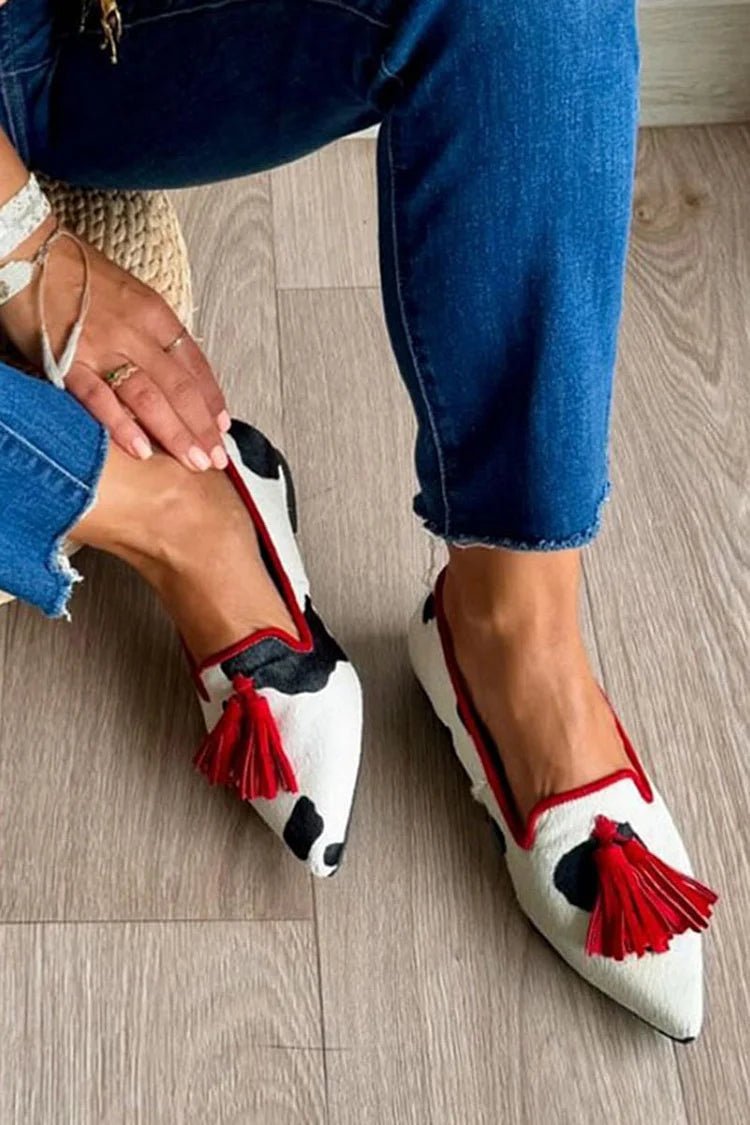 Cow print tassel pumps for women by FitiqueFit, casual slip-on footwear with stylish tassel details and comfortable design.