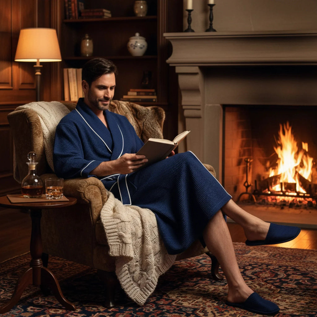 Lotus Linen men's waffle piping robe featuring cozy, textured fabric with a relaxed fit and detailed piping design.