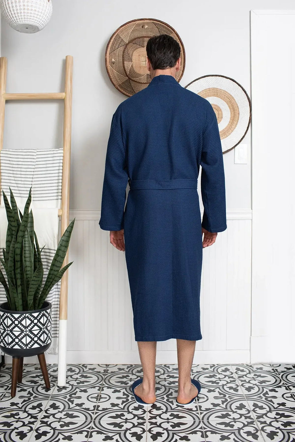 Men's Waffle Spa Bathrobe by Lotus Linen, lightweight and absorbent, shown in a cozy, soft fabric for relaxing after a bath.