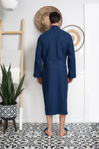 Men's Waffle Spa Bathrobe by Lotus Linen, lightweight and absorbent, shown in a cozy, soft fabric for relaxing after a bath.