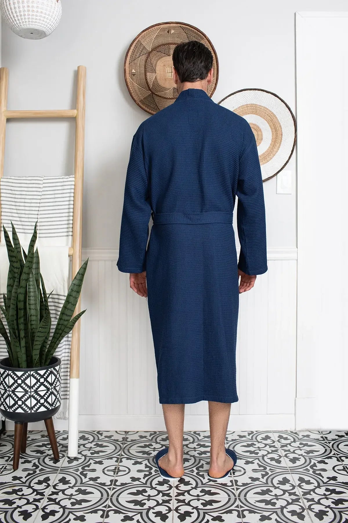 Men's Waffle Spa Bathrobe by Lotus Linen, lightweight and absorbent, shown in a cozy, soft fabric for relaxing after a bath.