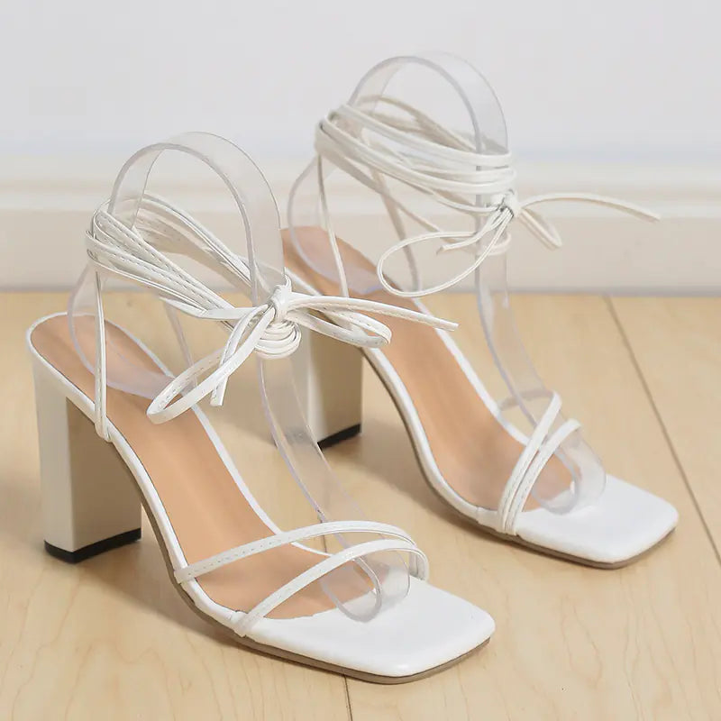 Women's simple square head strappy high heels in black, featuring a sleek design and ankle straps from Trendy Attic Store01.