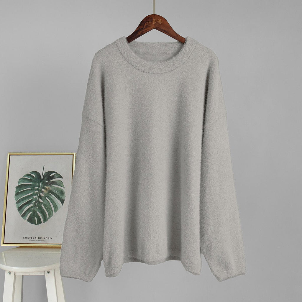 Bella Mia crew neck pullover sweater in solid color, perfect for autumn and winter, featuring a loose, casual fit.