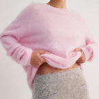 Bella Mia crew neck pullover sweater in solid color, cozy autumn winter casual outerwear, loose fit and simple design.