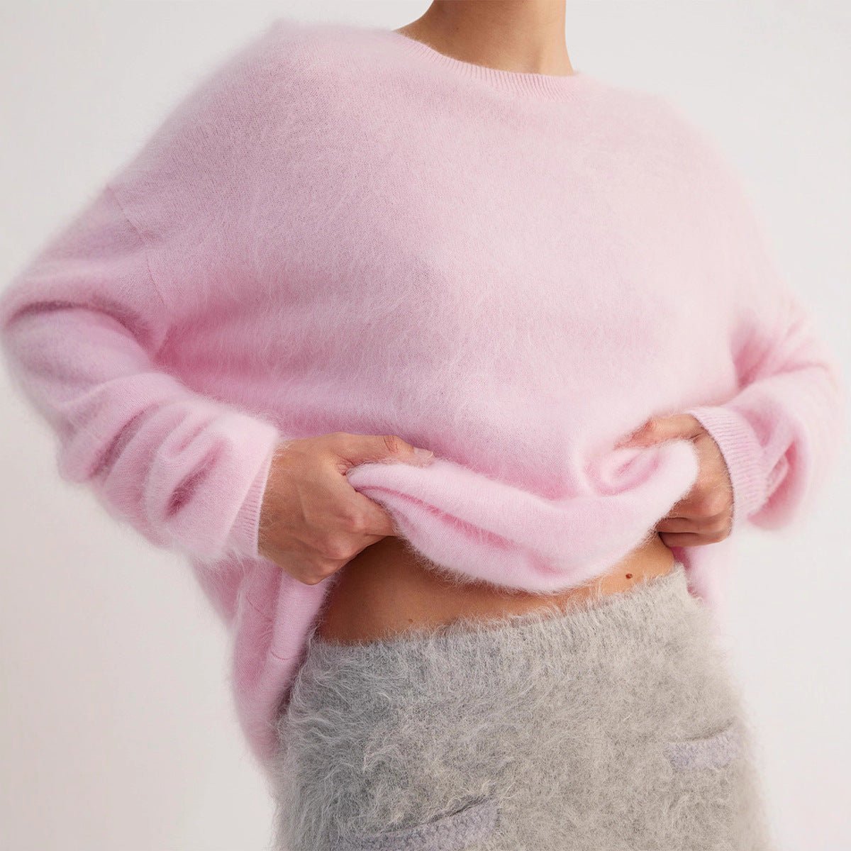 Plush Fashion Hub crew neck pullover sweater in solid color, perfect for autumn and winter, casual and loose fit style.