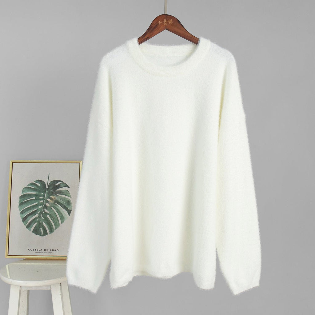 Bella Mia crew neck pullover sweater in a solid color, perfect for autumn and winter, casual and loose fit outerwear.