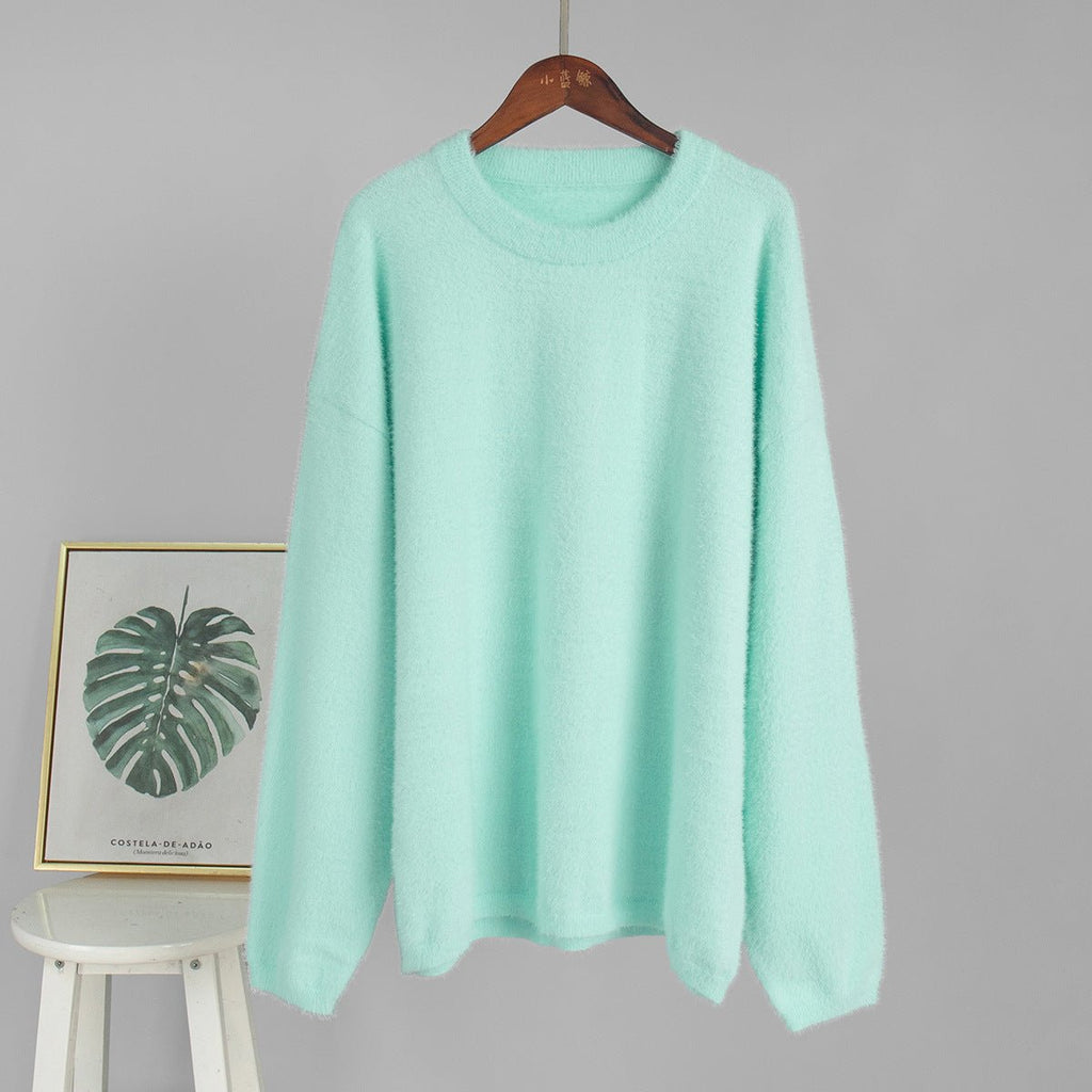 Bella Mia crew neck pullover sweater in solid color, featuring a loose fit and casual style for autumn and winter wear.