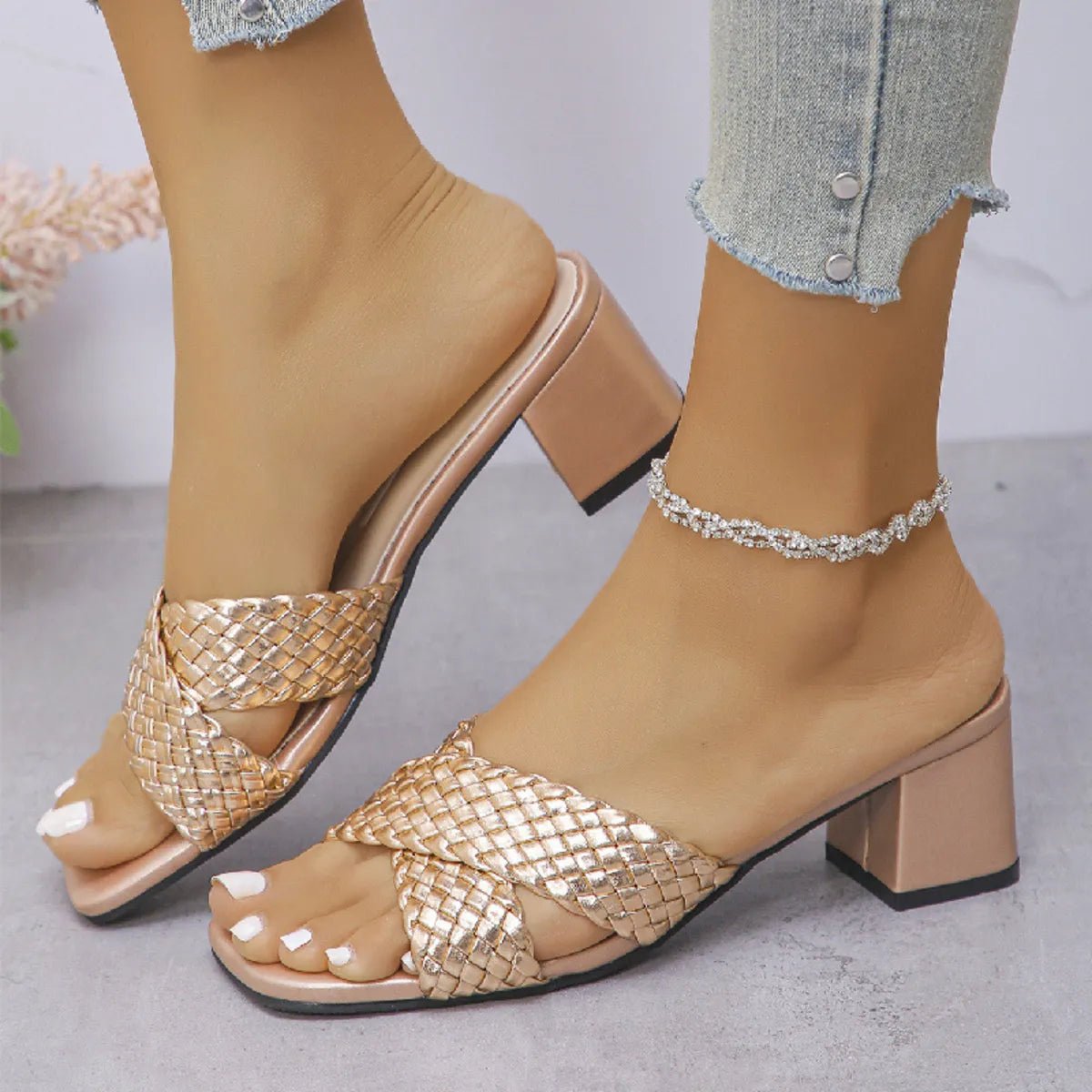Women's crisscross PU leather block heel sandals by Plush Fashion Hub, featuring stylish straps and a comfortable chunky heel.